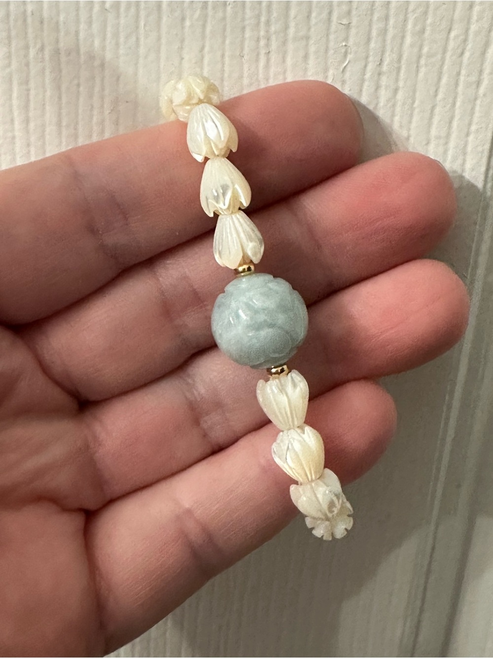 Jade Bracelet Pikake Beads Cream Light Green Gold-Filled Stretchy Hawaii 6”